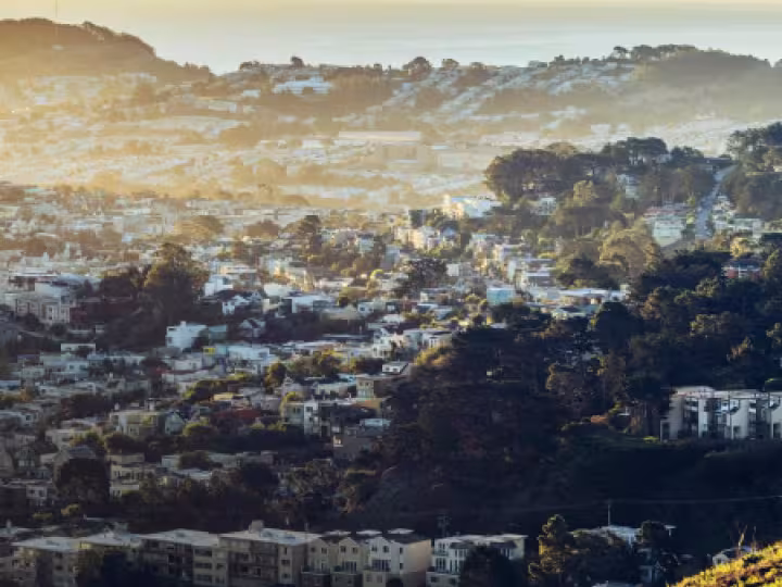 A scenic view of a hilly residential area in the San Francisco Bay Area, with houses surrounded by trees and sunlight filtering through the haze.
