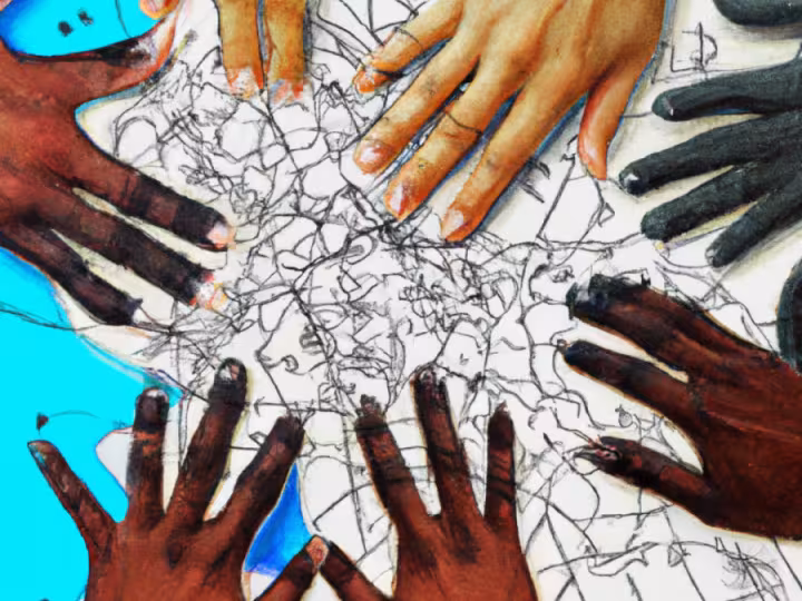 Several hands of different skin tones reach toward and touch a central, abstract map-like drawing, symbolizing collaboration and shared effort.