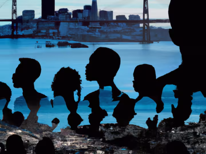 ChatGPT said:  A stylized collage showing silhouettes of people layered over a blue-toned view of the San Francisco Bay and skyline, including the Bay Bridge.
