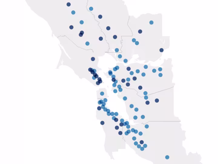 Dotted map of Bay Area city councils by diversity